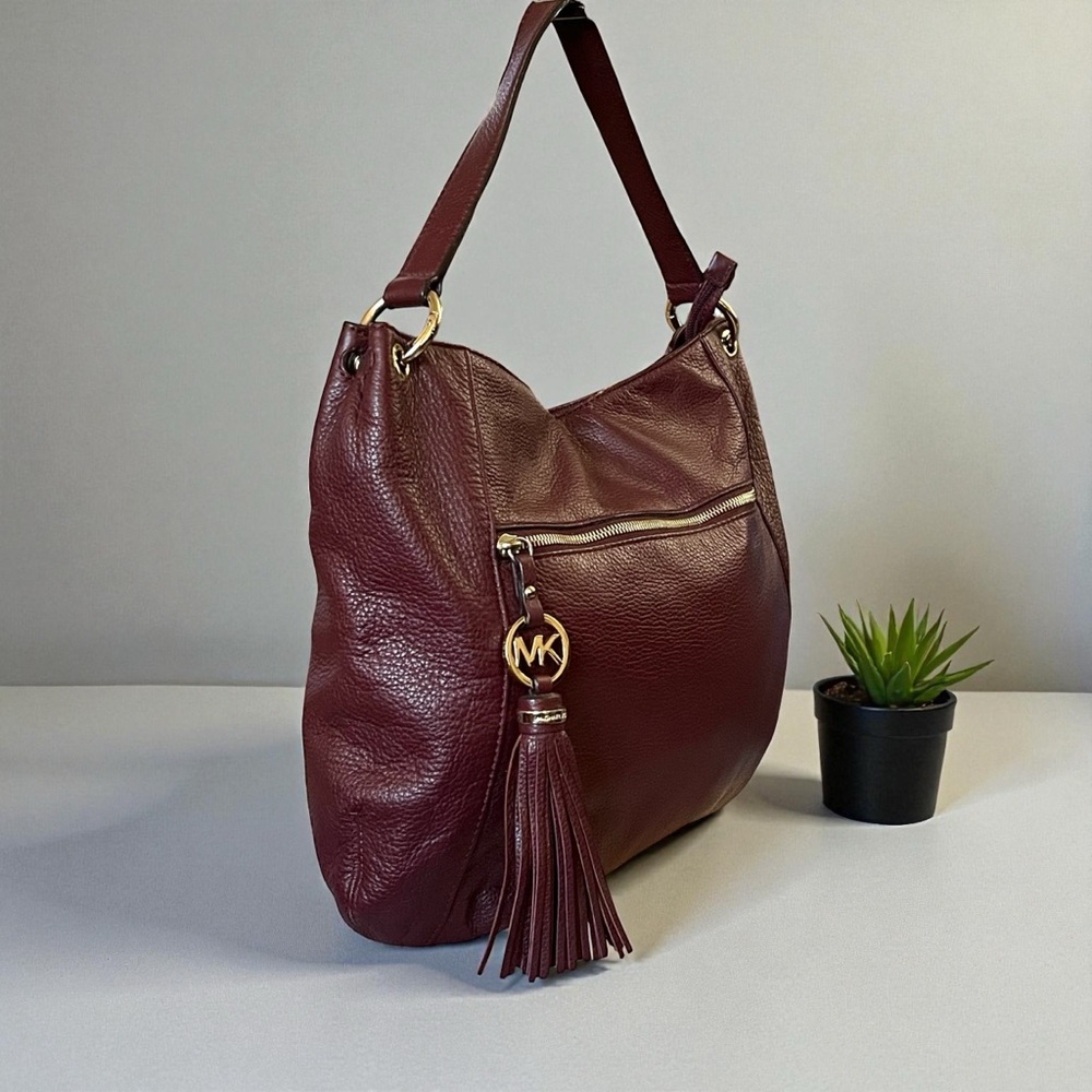 Michael Kors Burgundy Leather Charm Tassel Hobo Bag - Picture 3 of 13